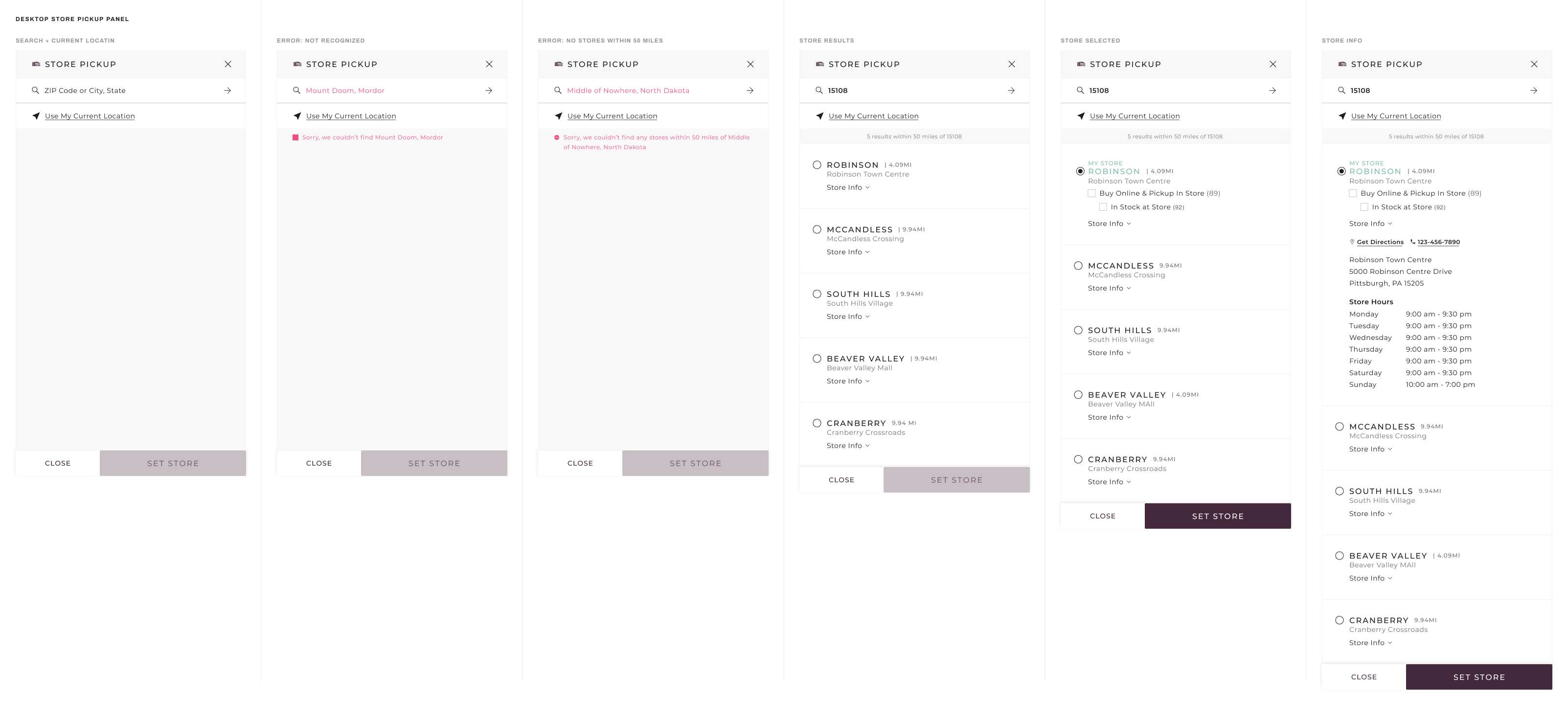 Desktop store pickup panel showing six states: empty search, unrecognized location error, no stores within 50 miles error, store results list, store selected with availability, and store info expanded with hours and directions