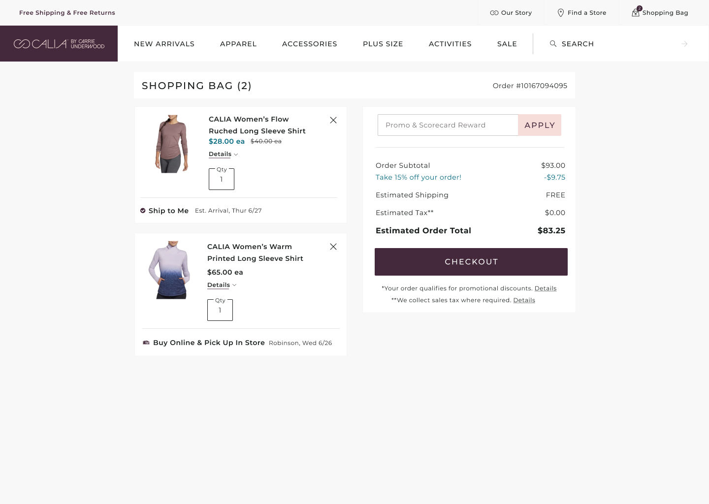 CALIA shopping bag showing two items — one with Ship to Me and one with Buy Online and Pick Up In Store at Robinson location, alongside order summary with promo code field and checkout
