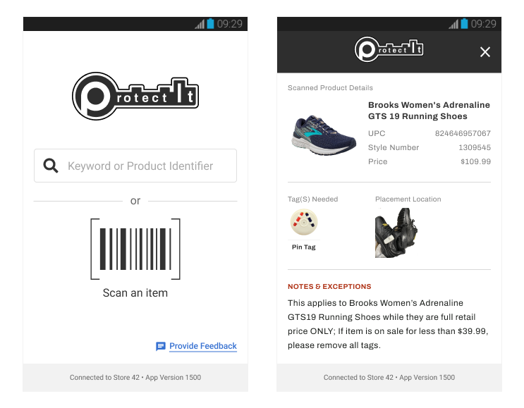 Two mobile screens showing the Protect It app search screen and scanned product detail screen