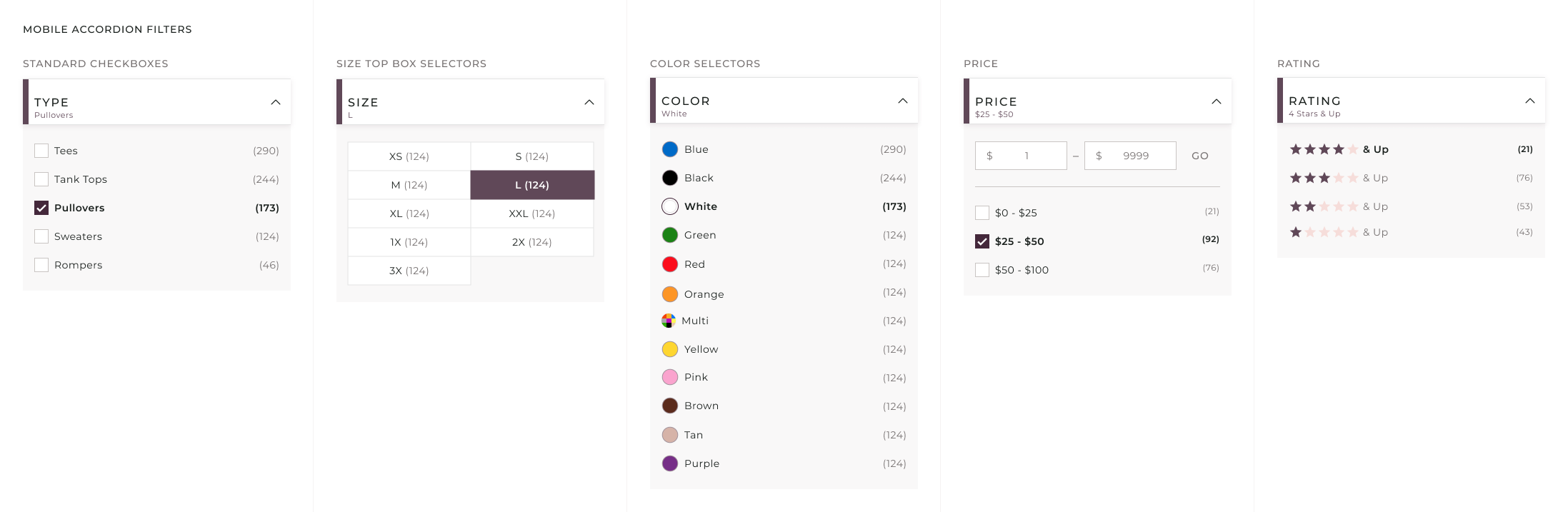 Mobile accordion filter panel showing all filter states — Type checkboxes, Size box selectors, Color swatches, Price range input, and Rating star selectors