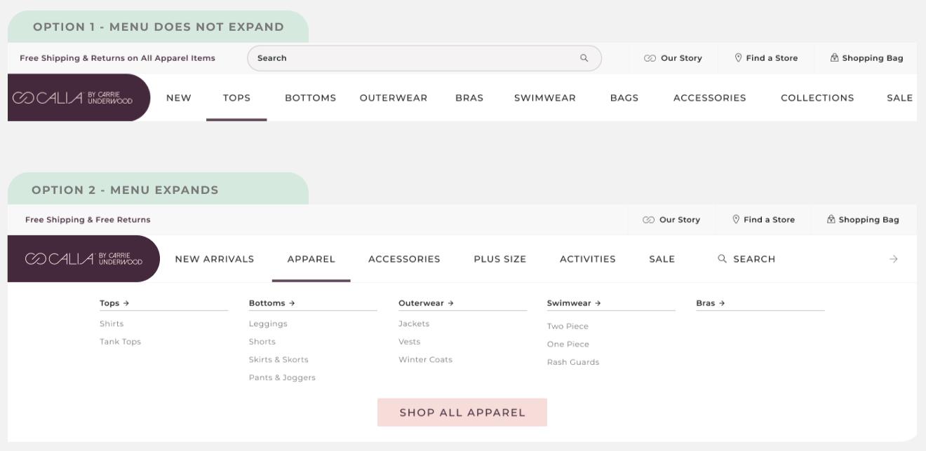 Two CALIA navigation prototypes — flat menu vs. expandable mega-menu