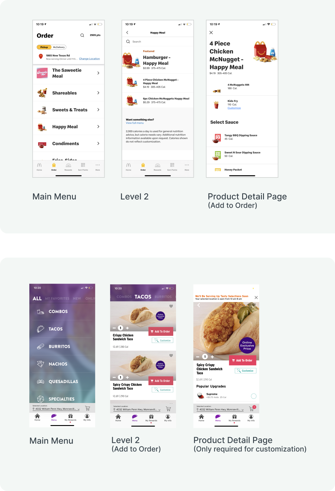 Competitive analysis showing McDonald's 3-click and Taco Bell 2-click menu flows compared to GetGo's 8-click flow