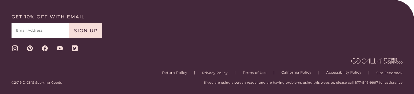 CALIA footer design showing email signup, social icons, legal links, and accessibility note