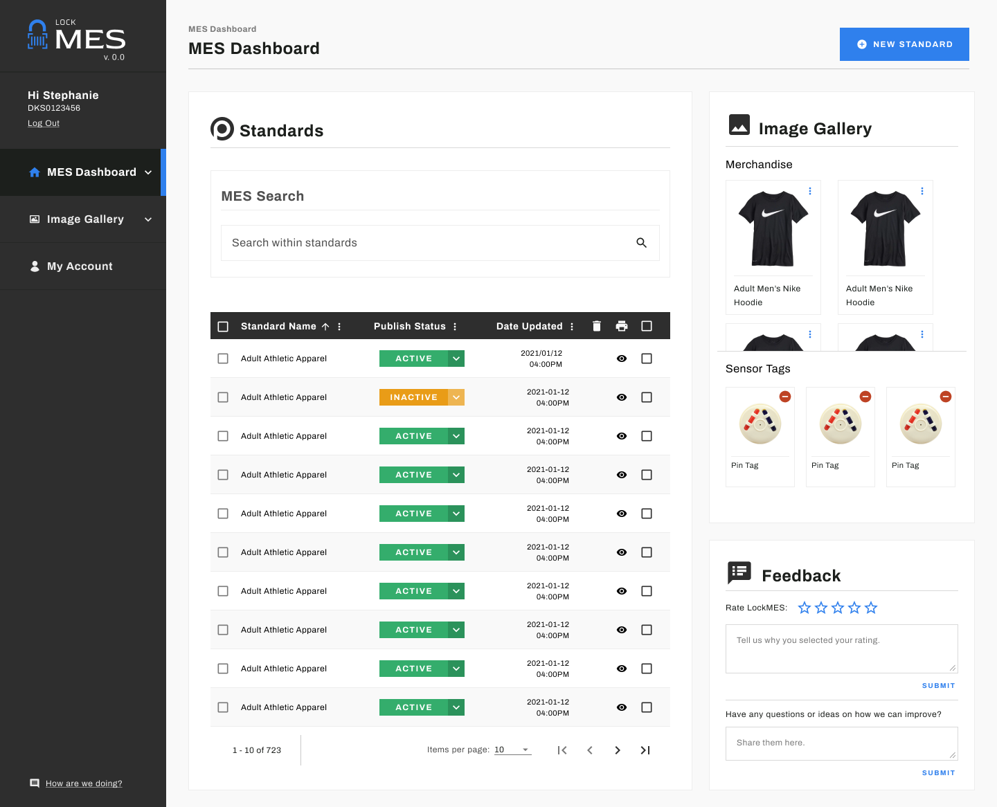 Screenshot of the original LockMES admin dashboard showing standards table and image gallery