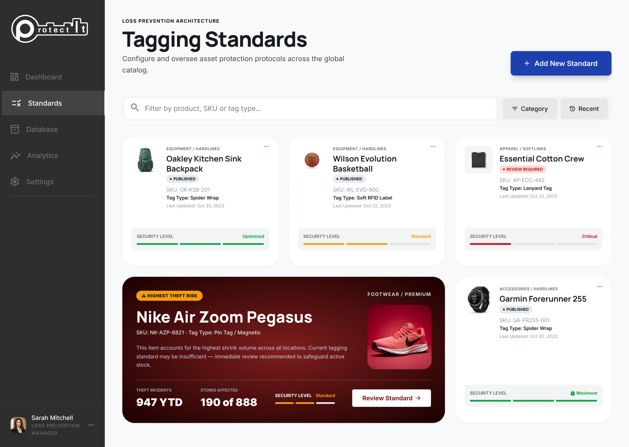 High-fidelity redesign of the Protect It corporate dashboard showing tagging standards with product cards, security levels, and theft risk alerts