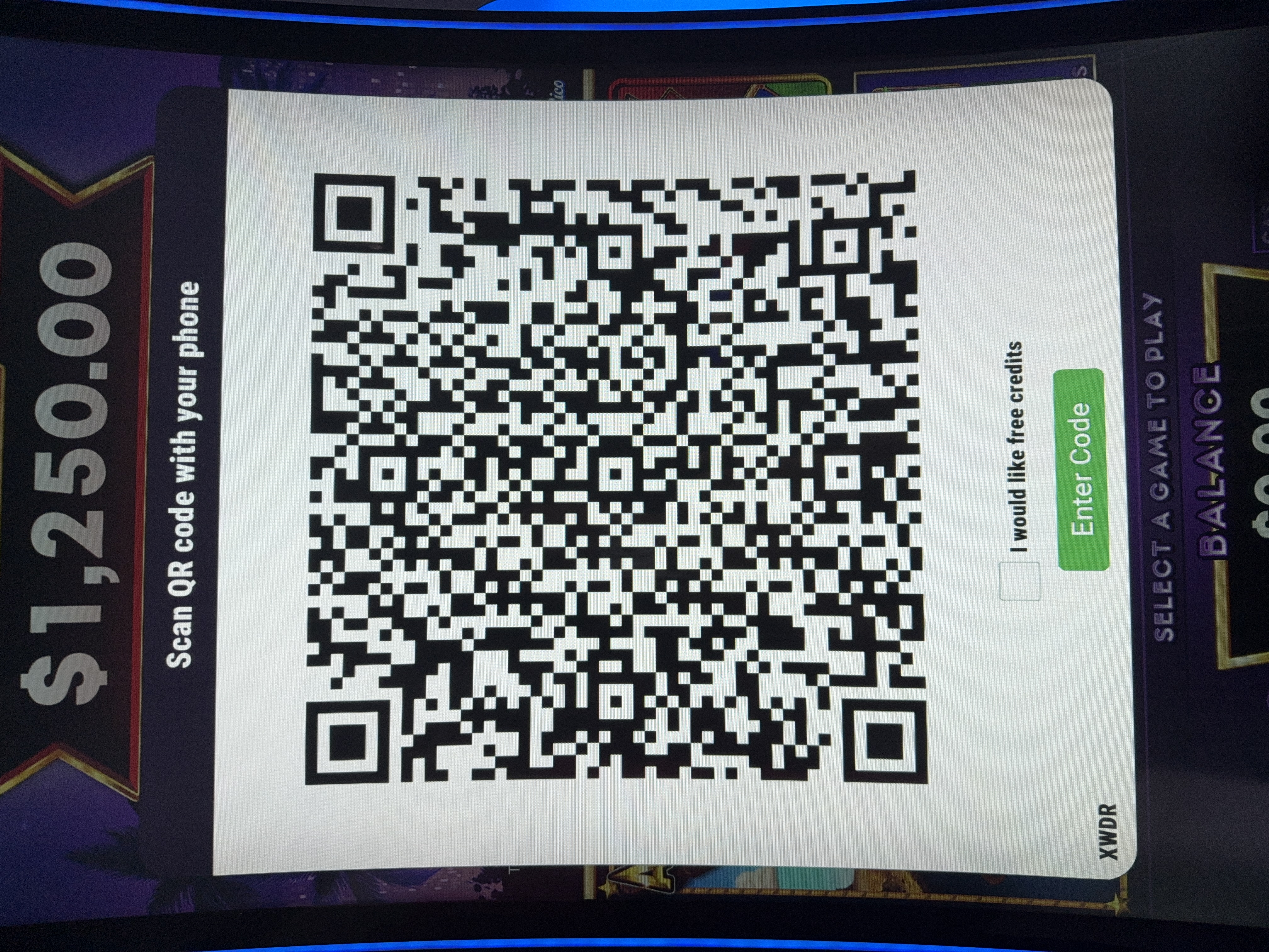 New player QR code screen with large scannable code and Enter Code button